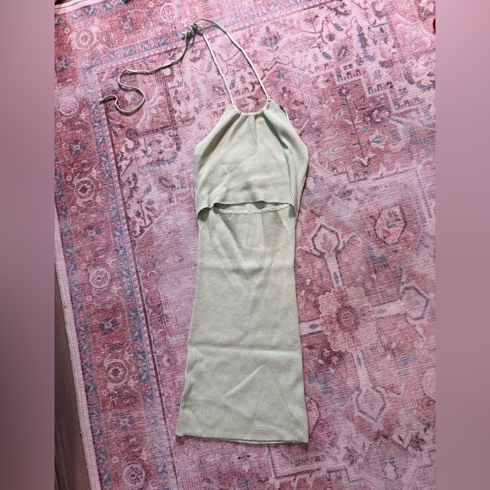 Kendall & Kylie Sage Green Ribbed Halter Cutout Bodycon Dress NWT Size S